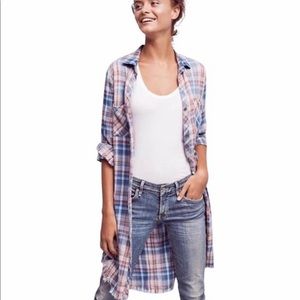 Cloth & Stone Plaid Tunic Shirtdress Petite Size PXS Raw Hem Button down